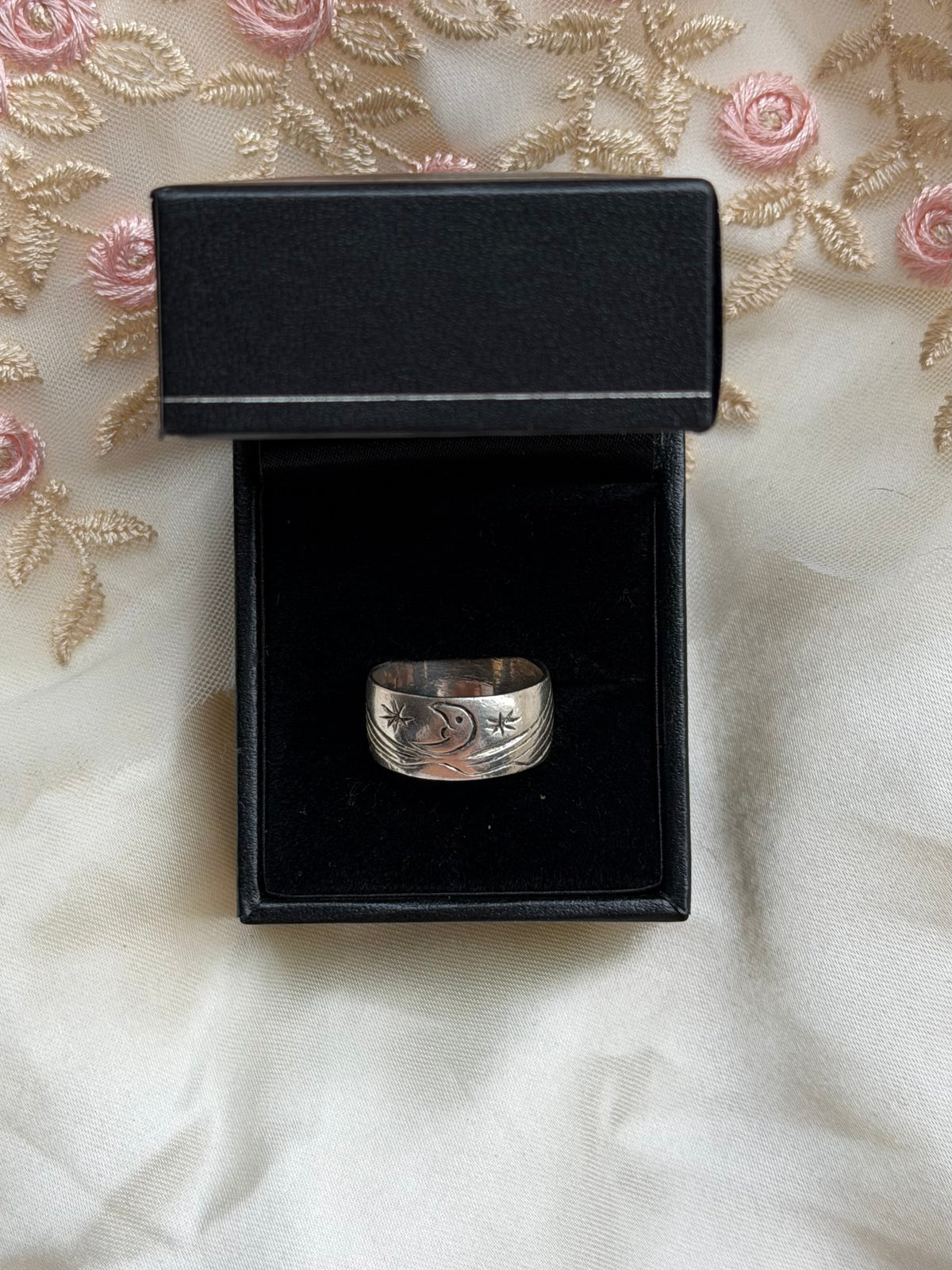 Engraved Moon Sterling Silver Ring