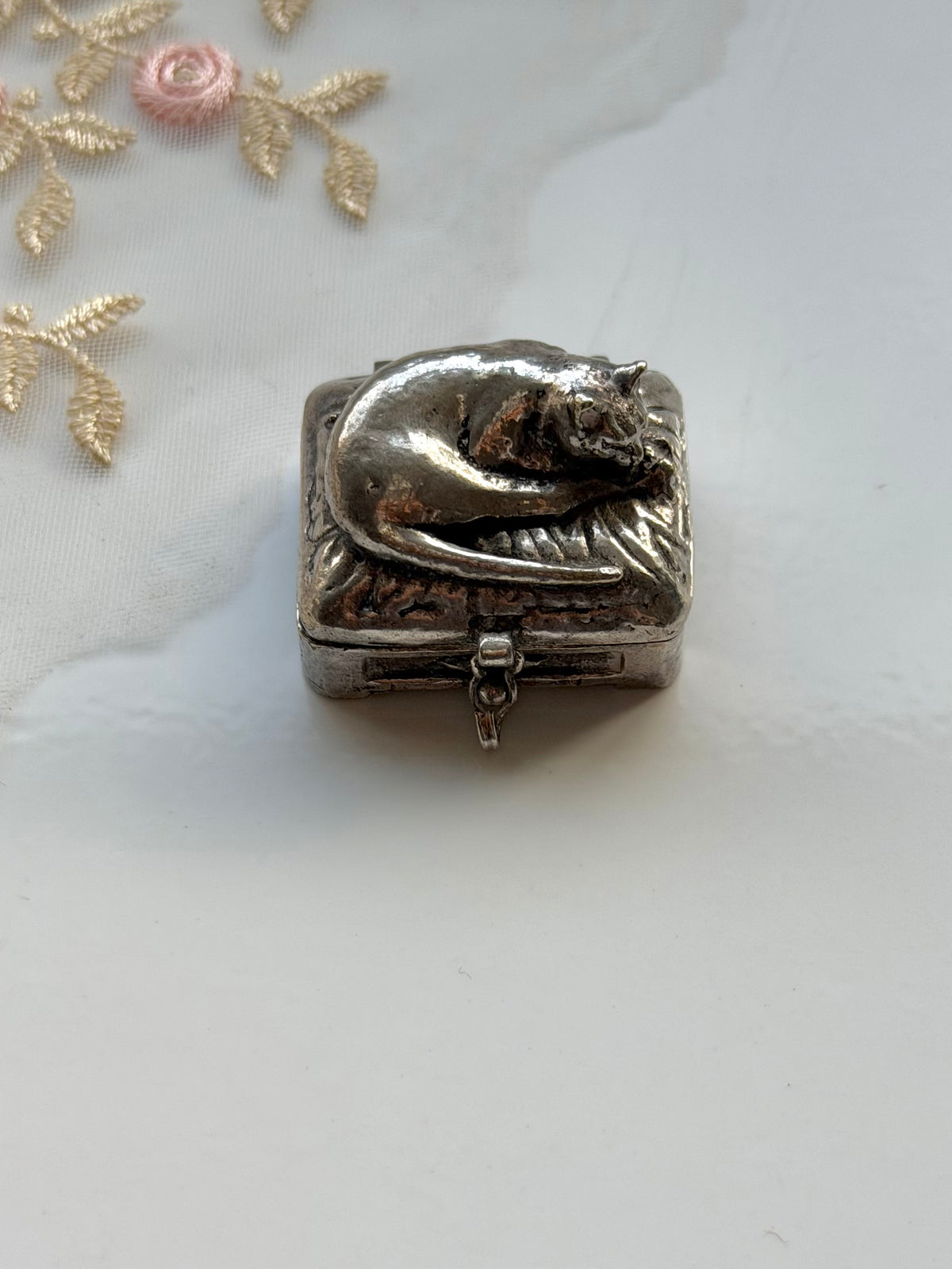 Sleeping Cat Silver Tone Box
