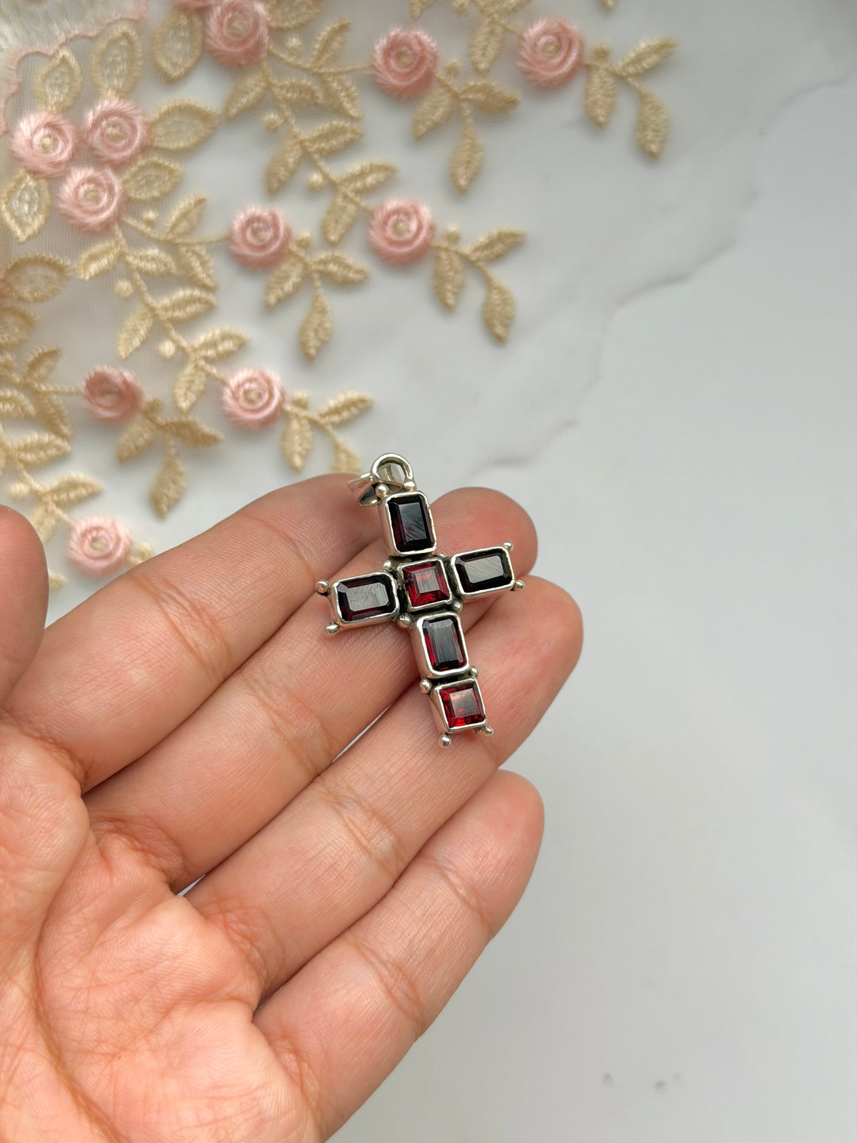 Garnet Cross Sterling Pendant