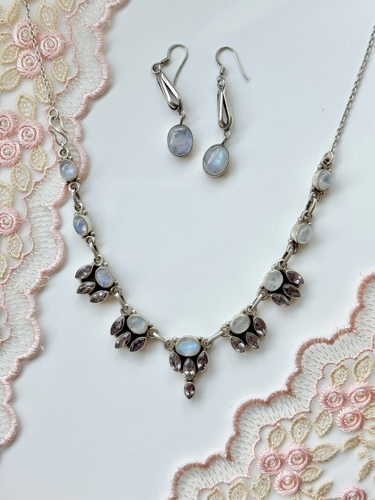 Sterling Silver Moonstone and Amethyst Necklace Set