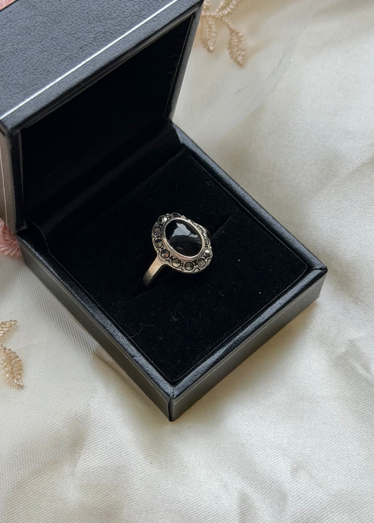 Onyx Marcasite Sterling Silver Ring