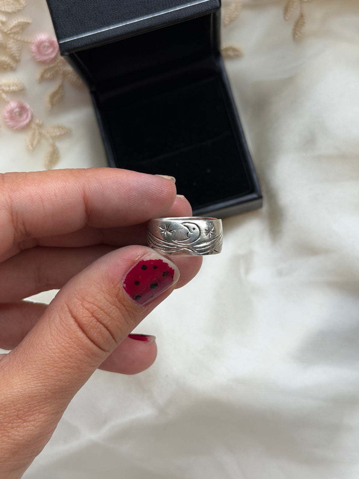 Engraved Moon Sterling Silver Ring