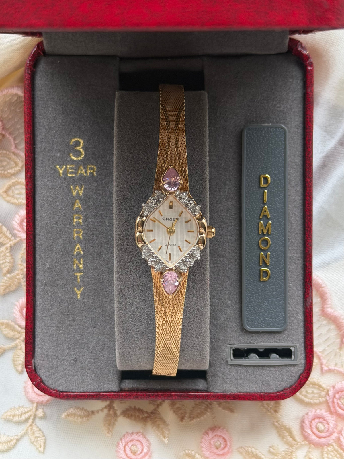 Gold Diamond Pink Gem Watch