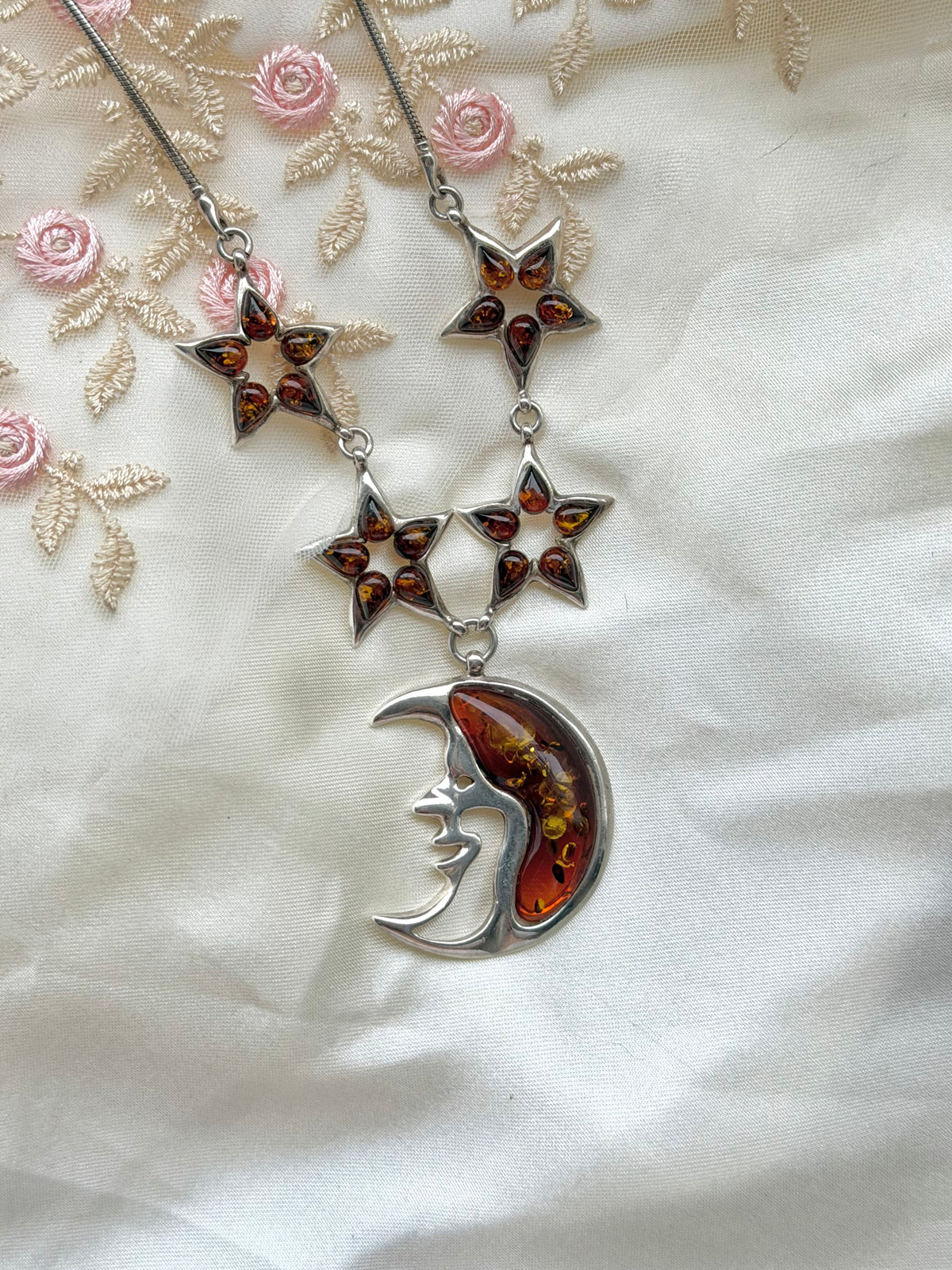 Amber Celestial Moon & Star Sterling Necklace