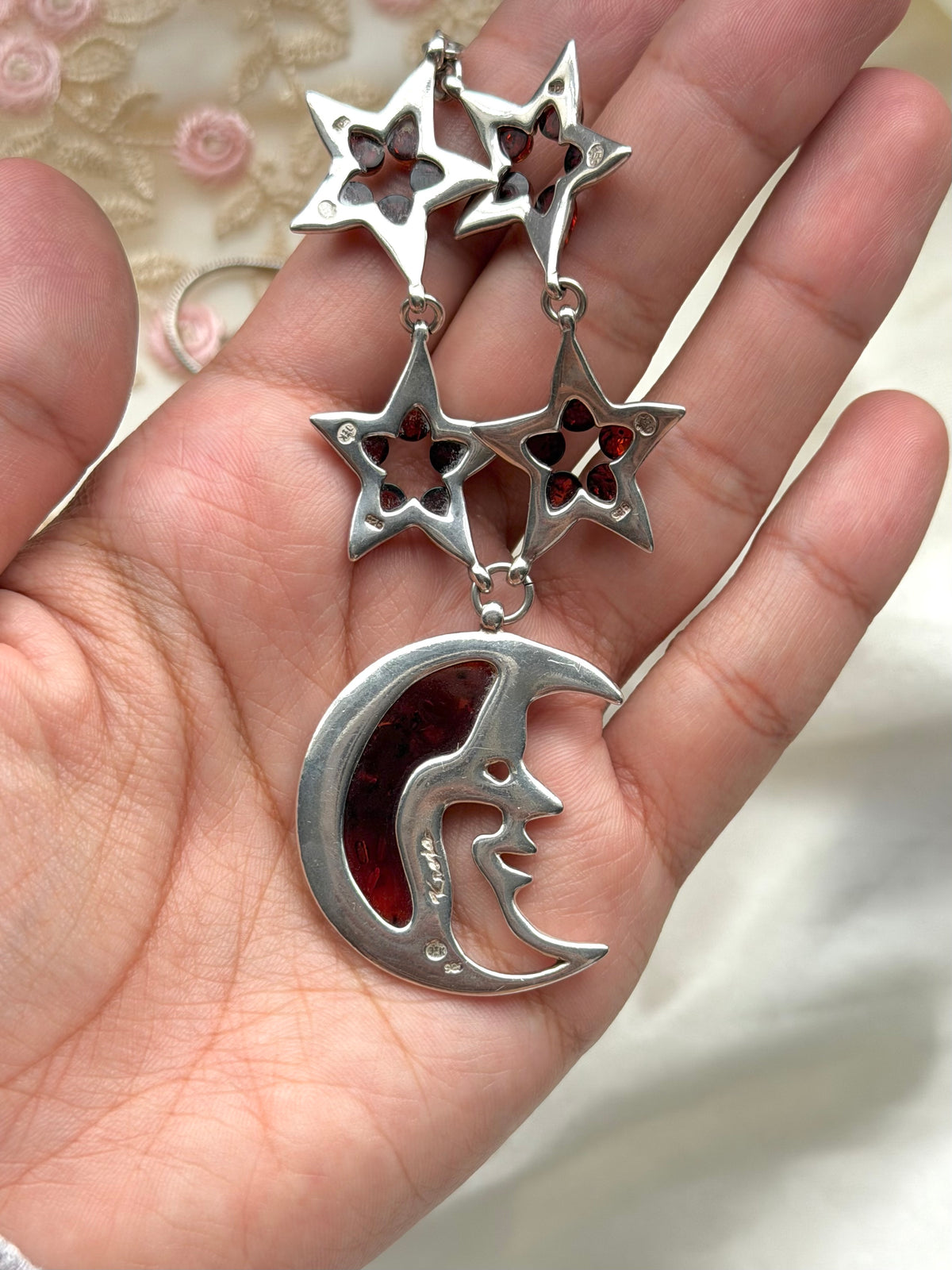 Amber Celestial Moon & Star Sterling Necklace