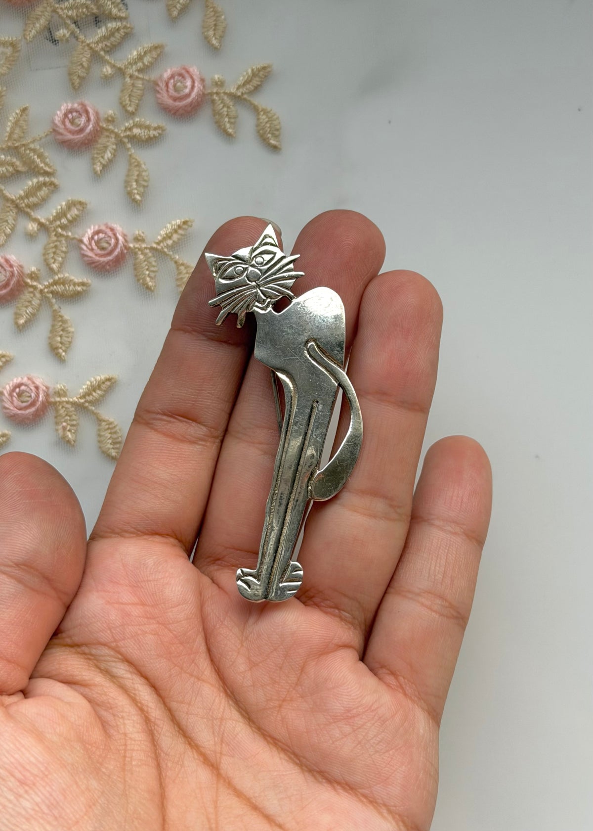 Cat Brooch Mexican Silver