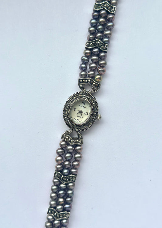 Silver Freshwater Pearl Marcasite Watch