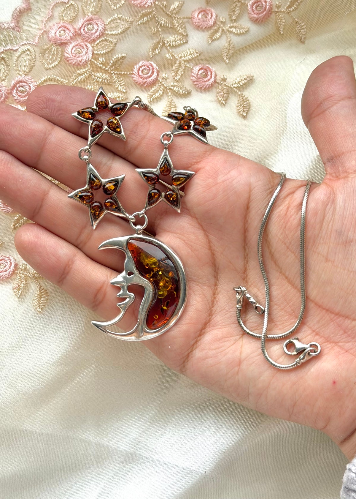 Amber Celestial Moon & Star Sterling Necklace