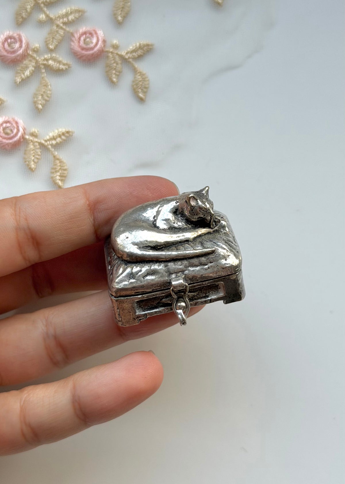 Sleeping Cat Silver Tone Box