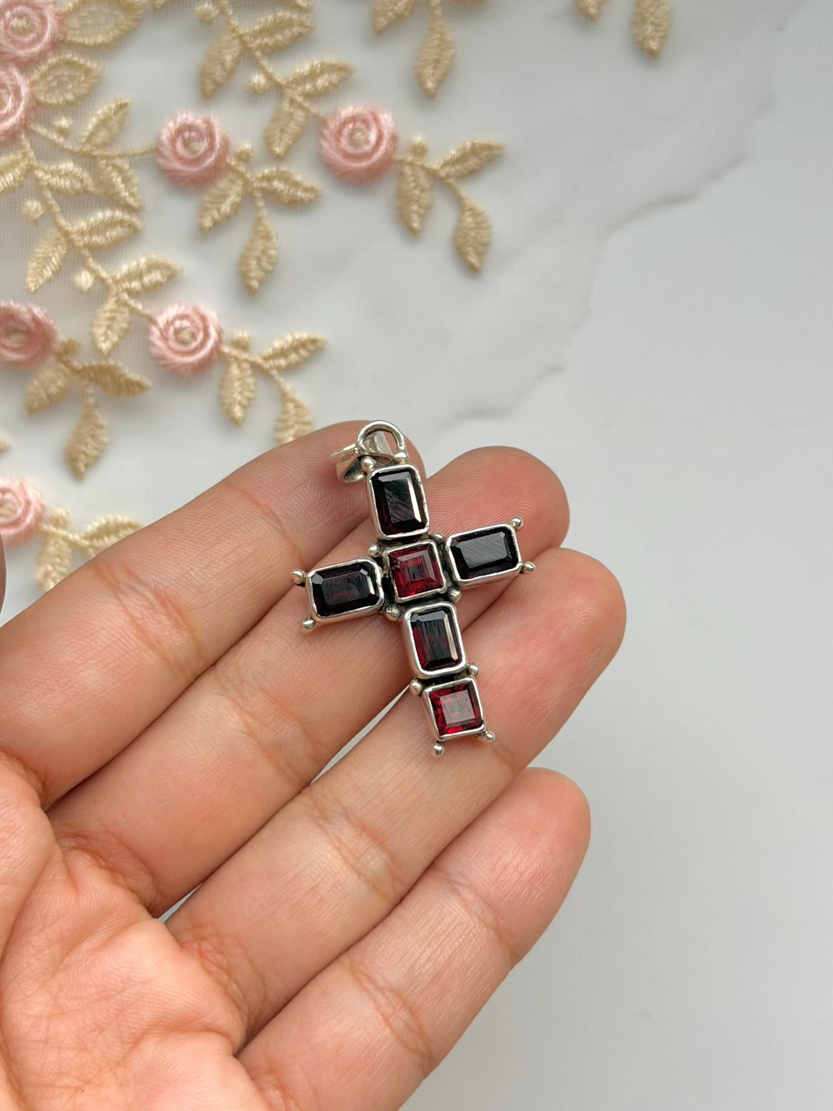 Garnet Cross Sterling Pendant