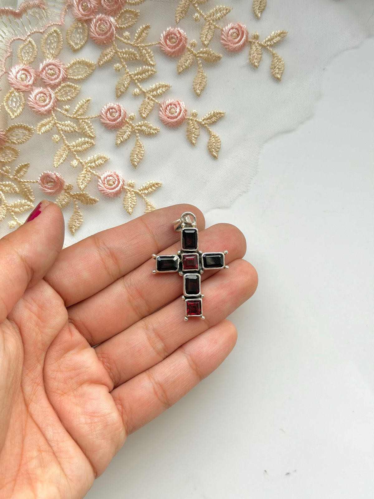 Garnet Cross Sterling Pendant