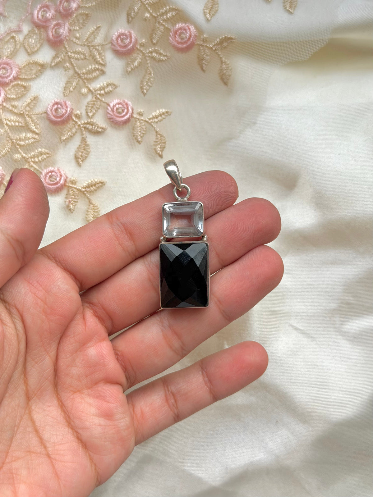 Clear Quartz & Onyx Sterling Pendant