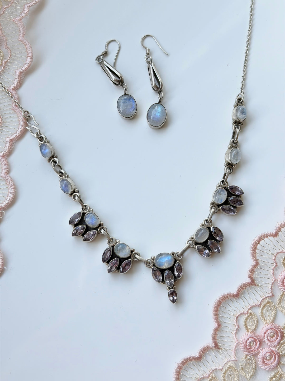 Sterling Silver Moonstone and Amethyst Necklace Set