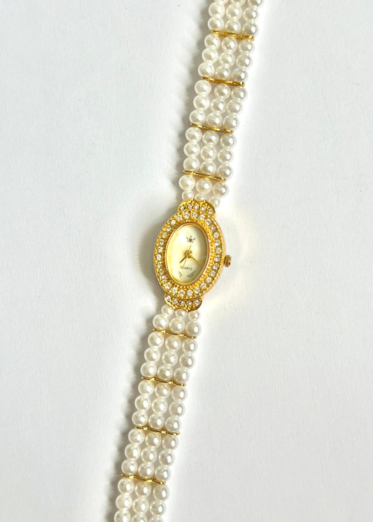 Faux Pearl Gold Watch