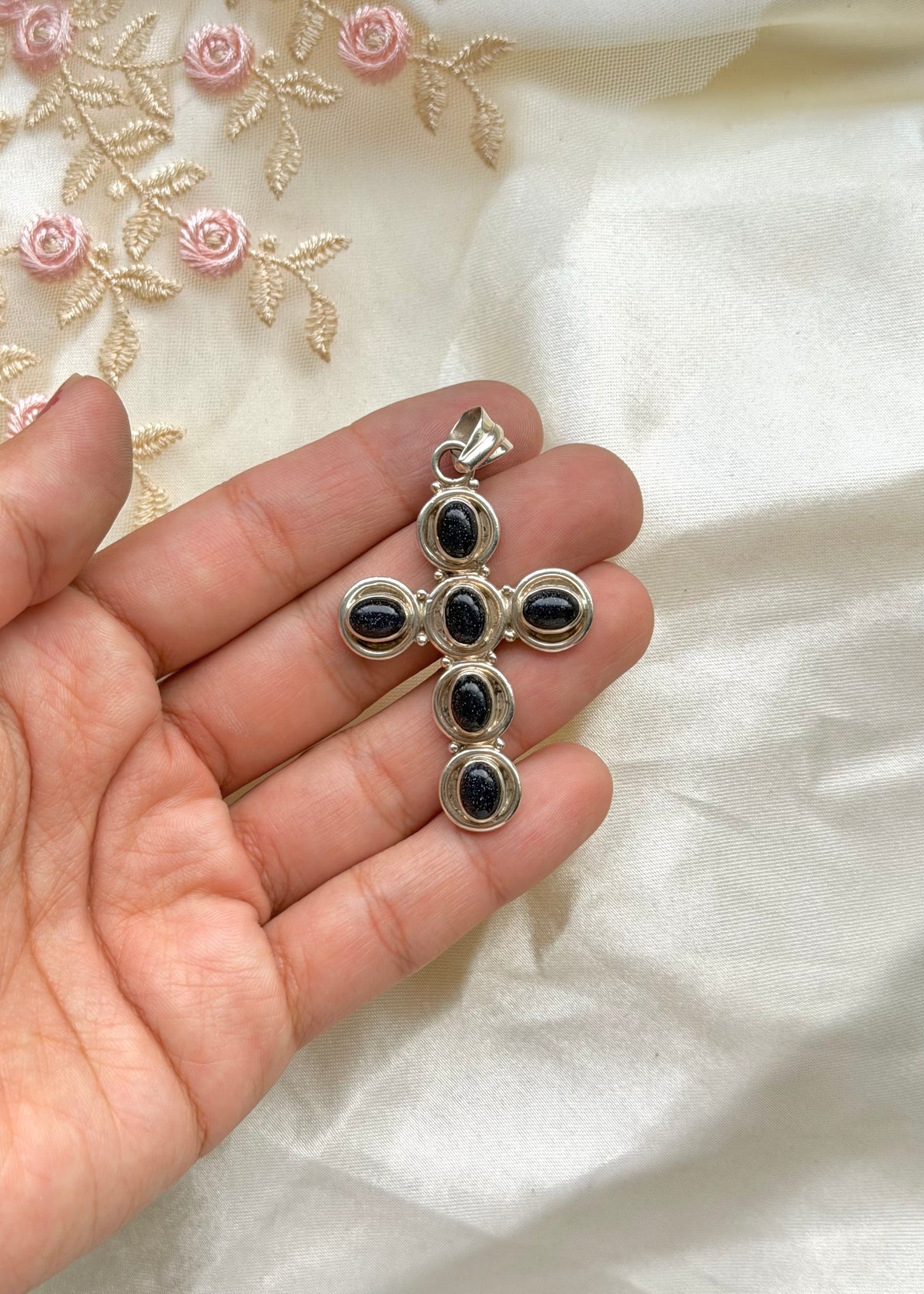 Blue Stone Cross Sterling Pendant