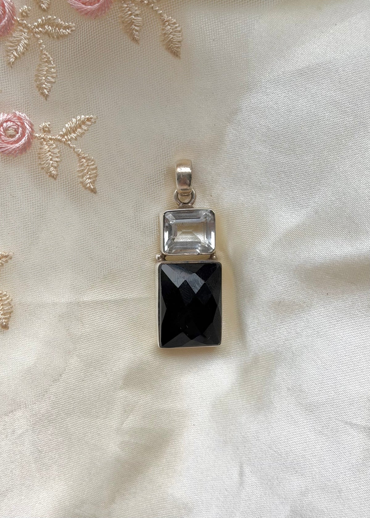 Clear Quartz & Onyx Sterling Pendant