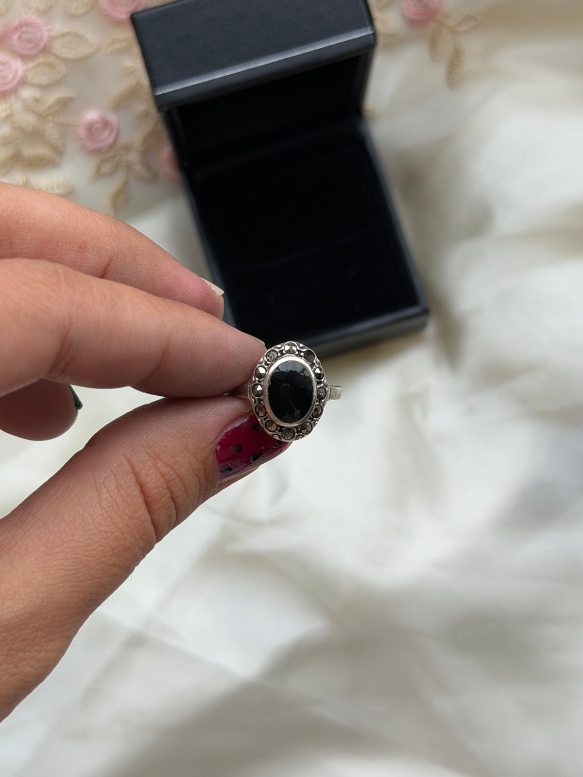 Onyx Marcasite Sterling Silver Ring