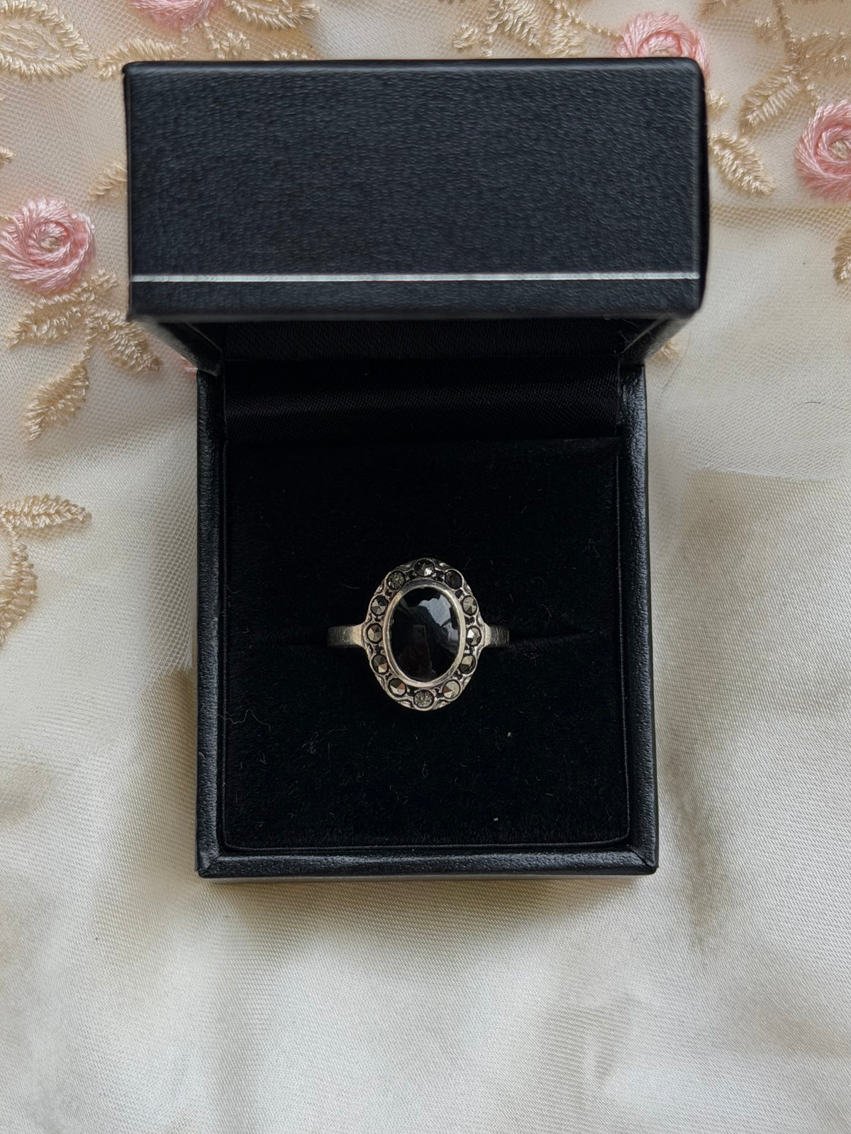 Onyx Marcasite Sterling Silver Ring