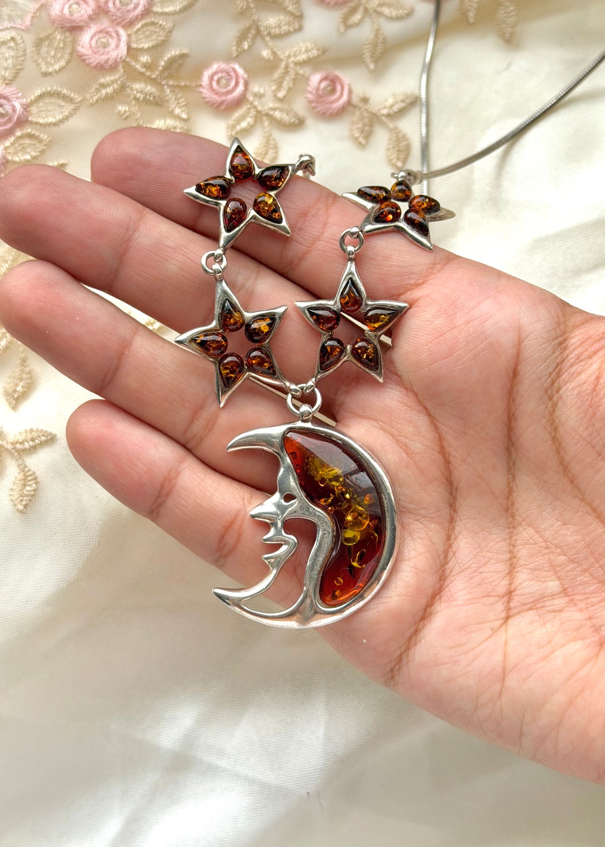 Amber Celestial Moon & Star Sterling Necklace